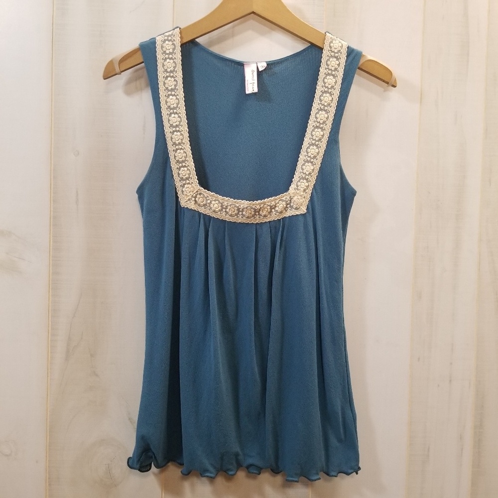 Sweet Pea Teal Blue Lace Trim Tank M Boho Top